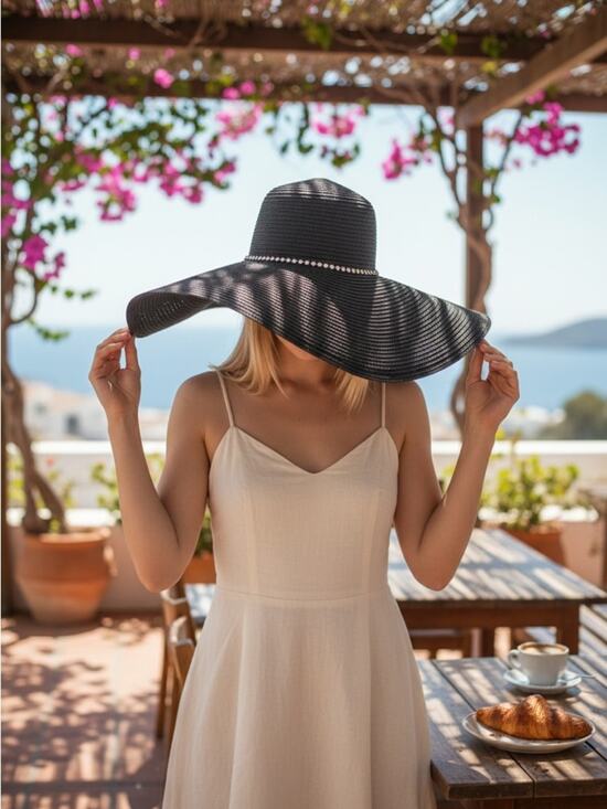Black Floppy Sun Hat W/Seashell Trim Wide Brim INC Coastal Grandma NWT